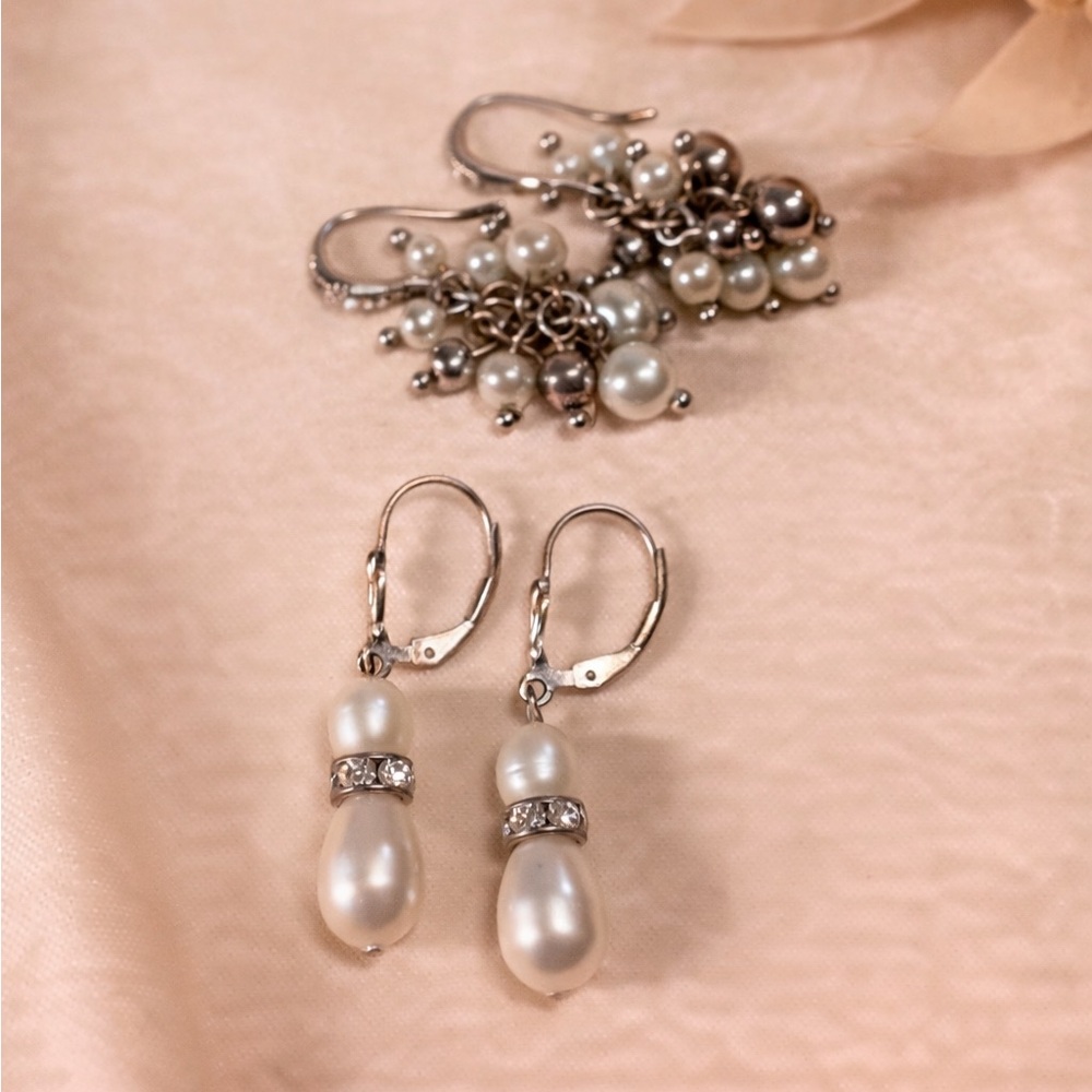 Lot of 2 Faux Pearl Dangle Earrings Silver Tone Rhinestone Teardrop Cluster